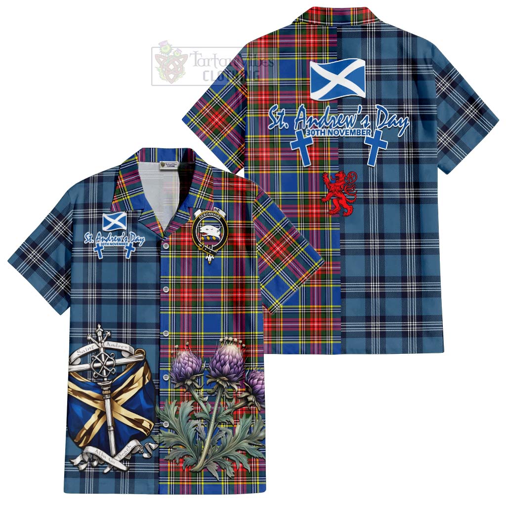 Tartan Vibes Clothing Bethune Tartan Short Sleeve Button Shirt Happy St. Andrew's Day Half Tartan Style