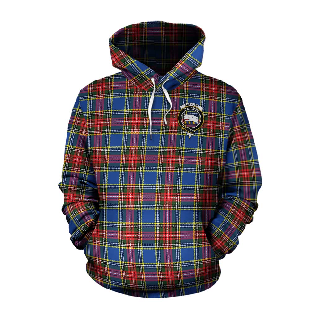 Tartan Vibes Clothing Bethune Tartan Cotton Hoodie with Family Crest and Bearded Skull Holding Bottles of Whiskey