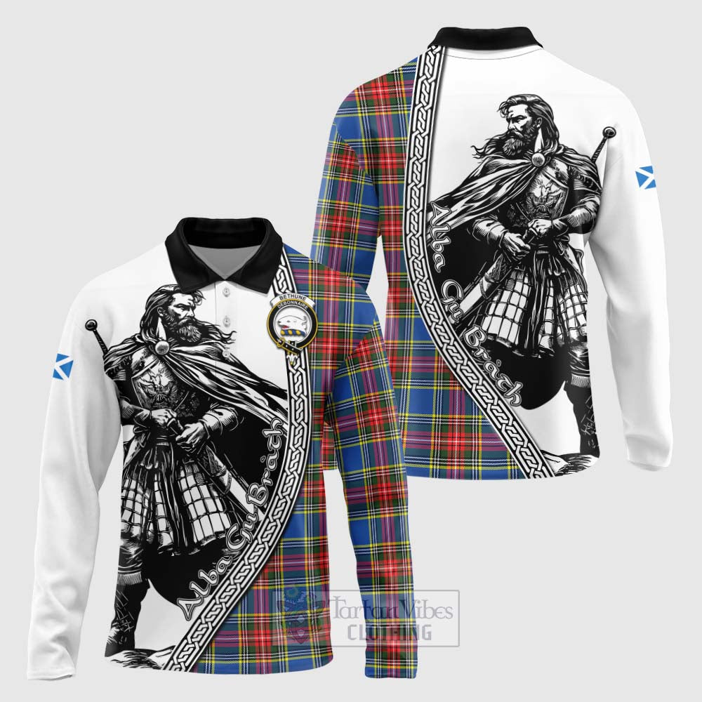 Tartan Vibes Clothing Bethune Tartan Clan Crest Long Sleeve Polo Shirt with Highlander Warrior Celtic Style