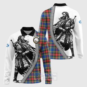 Bethune Tartan Clan Crest Long Sleeve Polo Shirt with Highlander Warrior Celtic Style