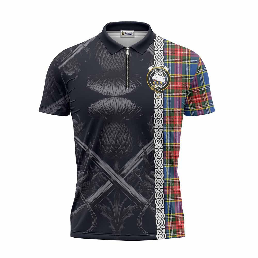 Tartan Vibes Clothing Bethune Tartan Zipper Polo Shirt with Family Crest Cross Sword Thistle Celtic Vibes