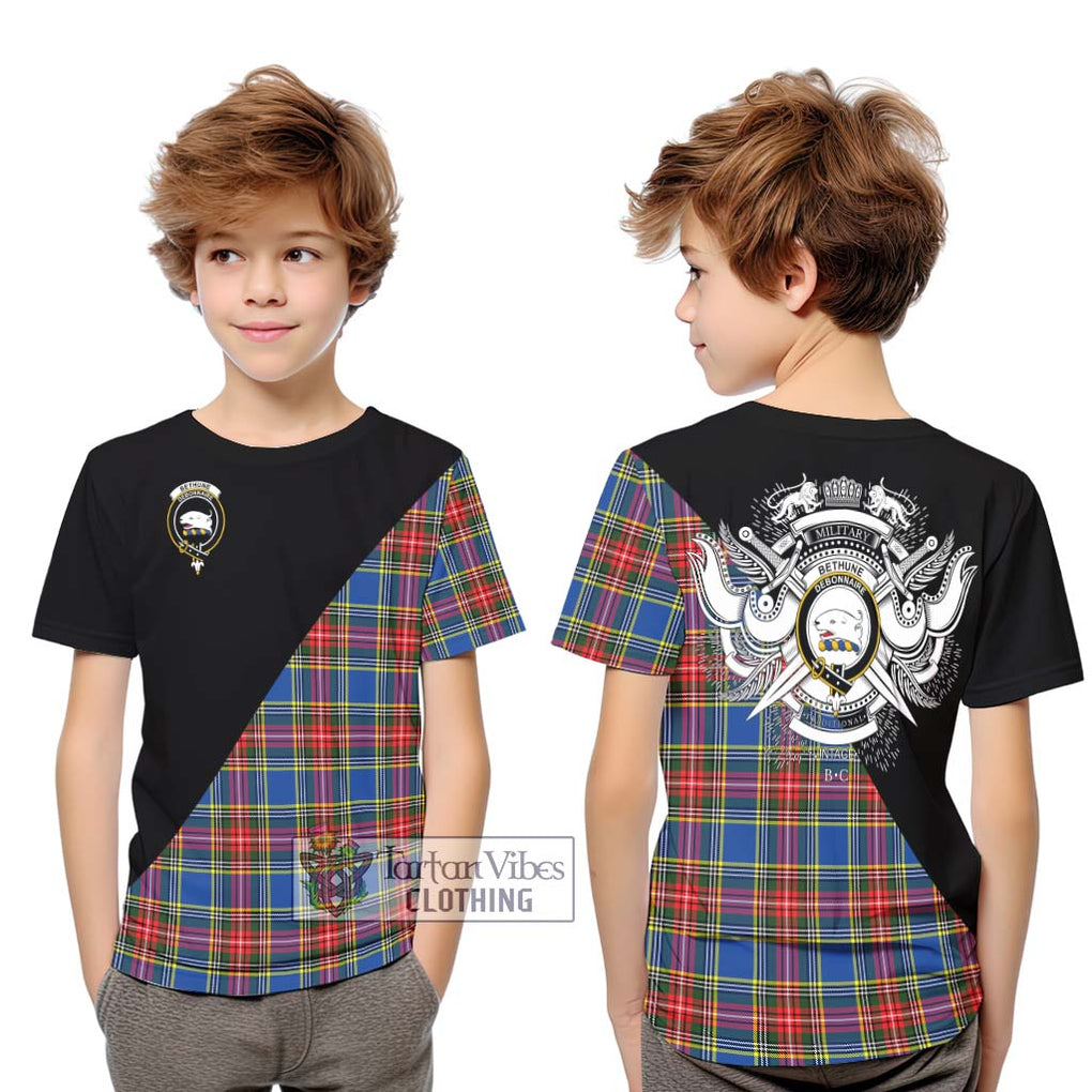 Bethune Tartan Kid T-Shirt with Family Crest and Military Logo Style Youth XL Size14 - Tartanvibesclothing Shop