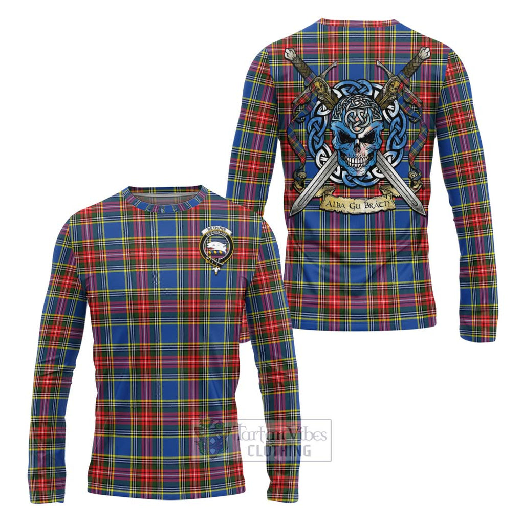 Tartan Vibes Clothing Bethune Tartan Long Sleeve T-Shirt with Family Crest Celtic Skull Style