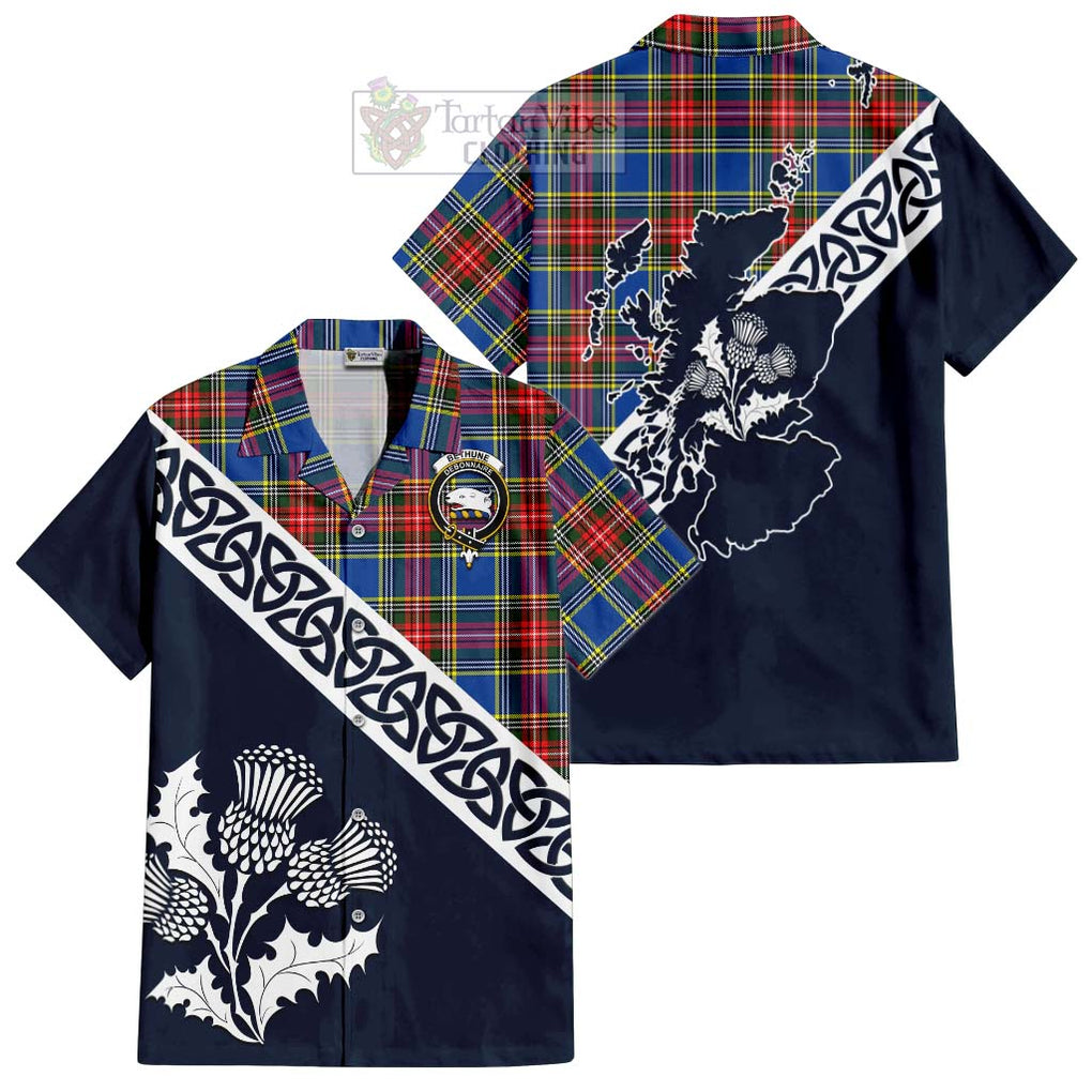 Tartan Vibes Clothing Bethune Tartan Short Sleeve Button Shirt Featuring Thistle and Scotland Map