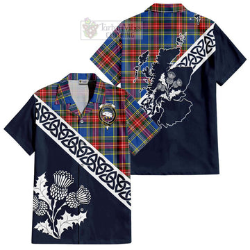 Bethune Tartan Short Sleeve Button Shirt Featuring Thistle and Scotland Map