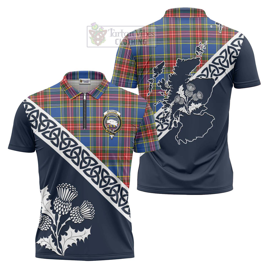 Tartan Vibes Clothing Bethune Tartan Zipper Polo Shirt Featuring Thistle and Scotland Map