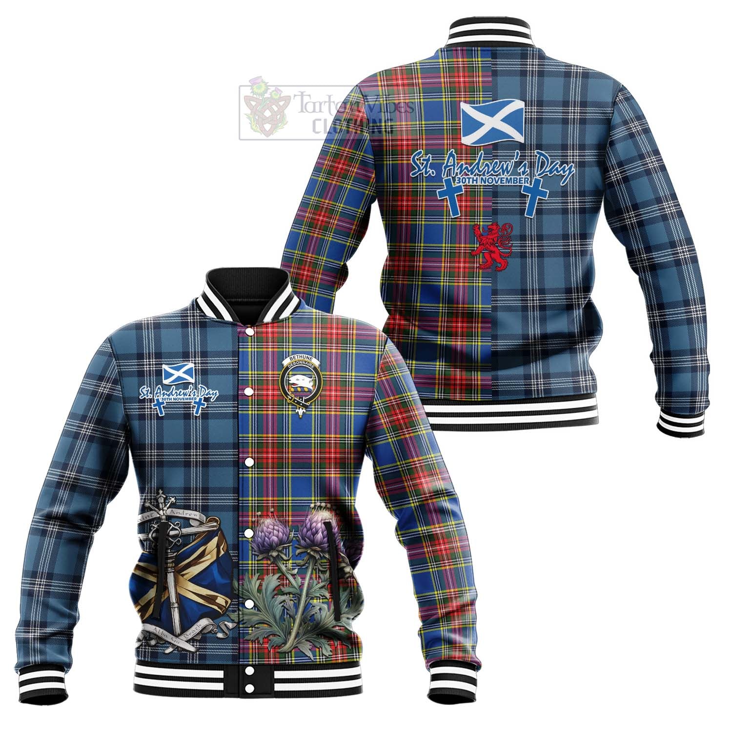 Tartan Vibes Clothing Bethune Tartan Baseball Jacket Happy St. Andrew's Day Half Tartan Style