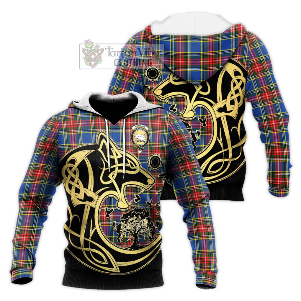 Bethune Tartan Knitted Hoodie with Family Crest Celtic Wolf Style Unisex Knitted Pullover Hoodie - Tartan Vibes Clothing