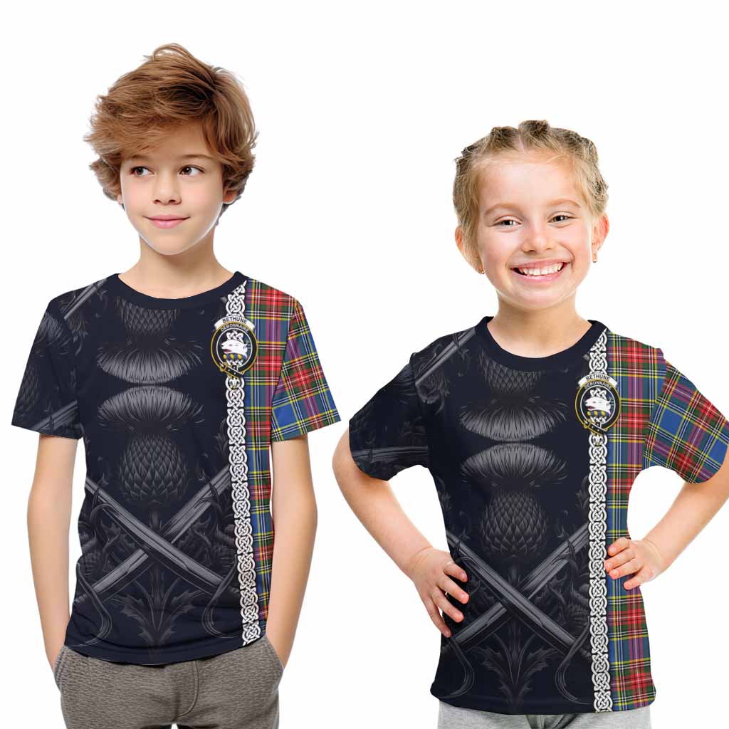 Tartan Vibes Clothing Bethune Tartan Kid T-Shirt with Family Crest Cross Sword Thistle Celtic Vibes