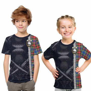 Bethune Tartan Kid T-Shirt with Family Crest Cross Sword Thistle Celtic Vibes