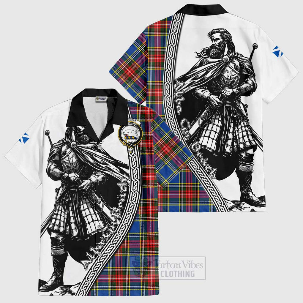 Tartan Vibes Clothing Bethune Tartan Clan Crest Short Sleeve Button Shirt with Highlander Warrior Celtic Style