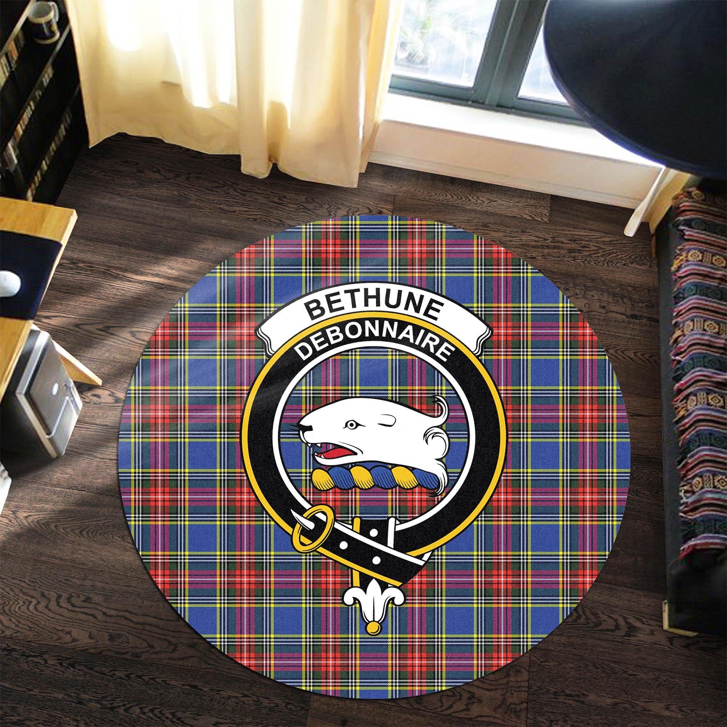 Bethune Tartan Round Rug with Family Crest - Tartanvibesclothing