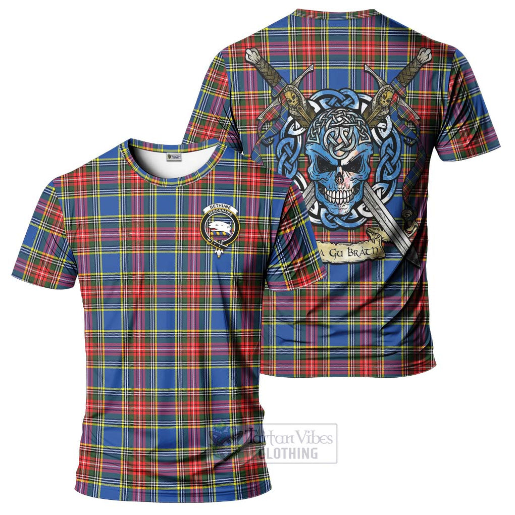 Tartan Vibes Clothing Bethune Tartan T-Shirt with Family Crest Celtic Skull Style