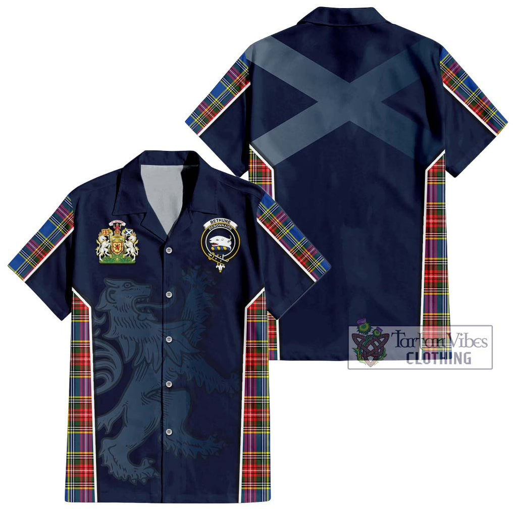 Bethune Tartan Short Sleeve Button Shirt with Family Crest and Lion Rampant Vibes Sport Style Kid - Tartan Vibes Clothing