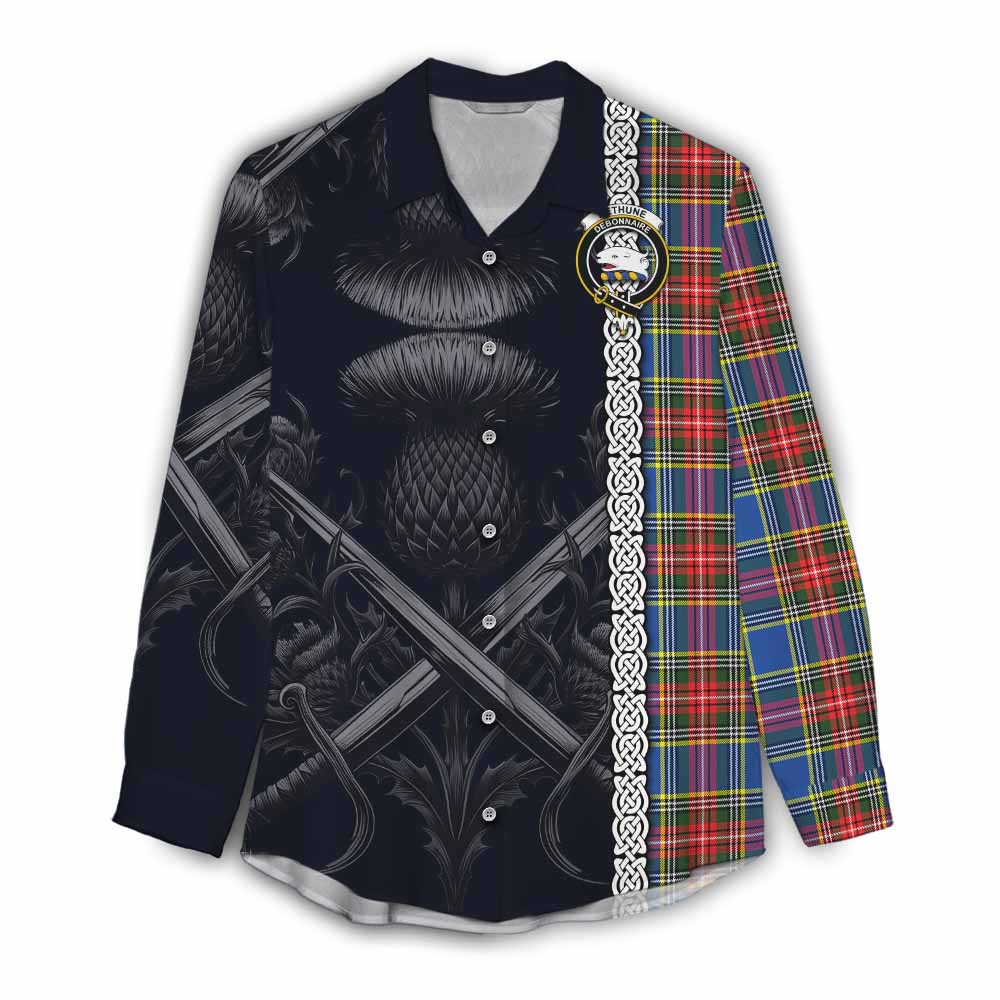 Tartan Vibes Clothing Bethune Tartan Women's Casual Shirt with Family Crest Cross Sword Thistle Celtic Vibes