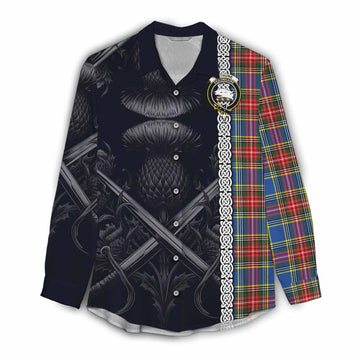 Bethune Tartan Women's Casual Shirt with Family Crest Cross Sword Thistle Celtic Vibes