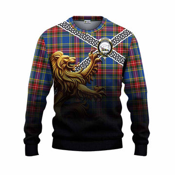 Bethune Crest Tartan Knitted Sweater with Golden Lion Emblem Celtic Style Unisex - Tartan Vibes Clothing