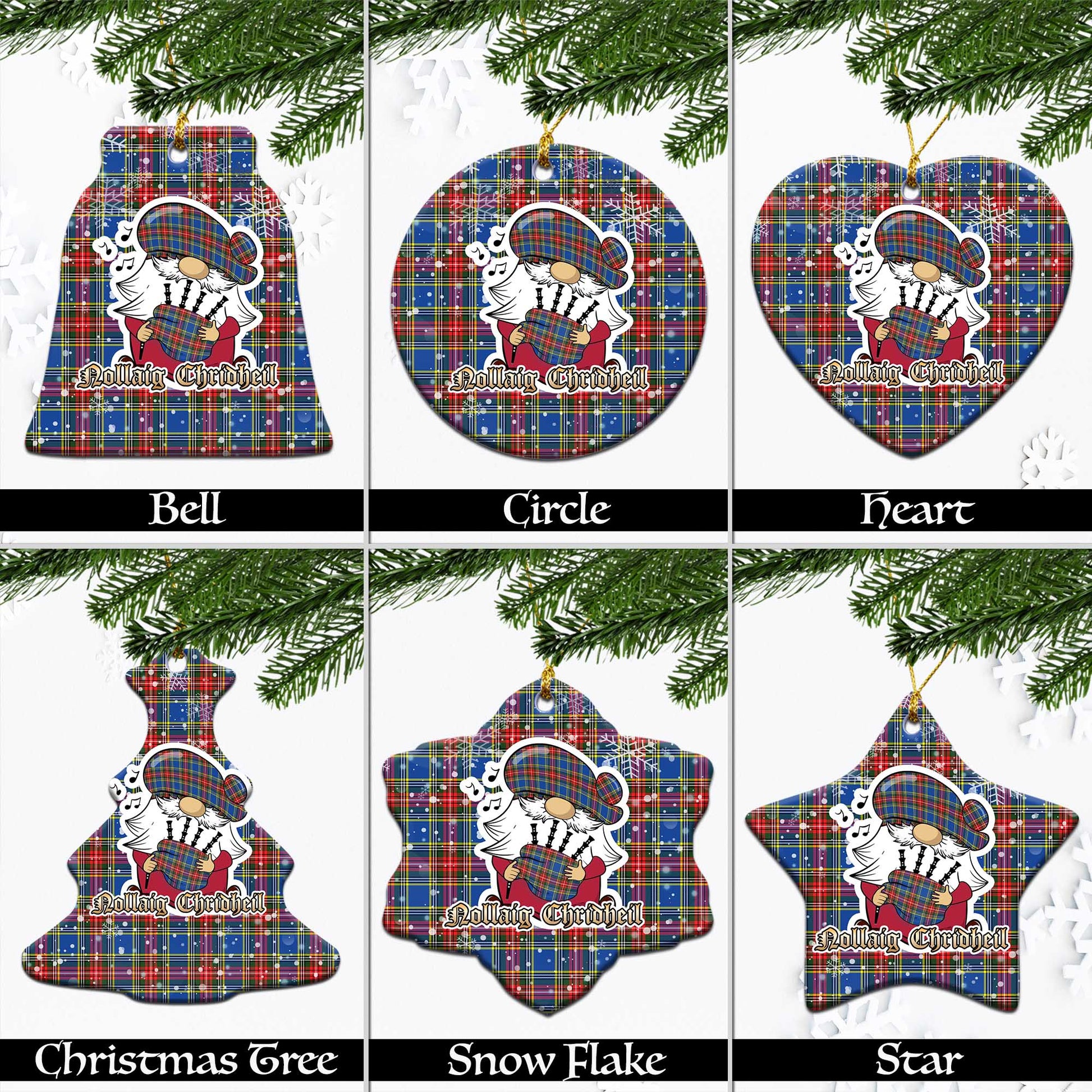 Bethune Tartan Christmas Ornaments with Scottish Gnome Playing Bagpipes Ceramic - Tartanvibesclothing