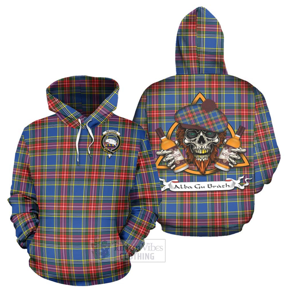 Tartan Vibes Clothing Bethune Tartan Hoodie with Family Crest and Bearded Skull Holding Bottles of Whiskey