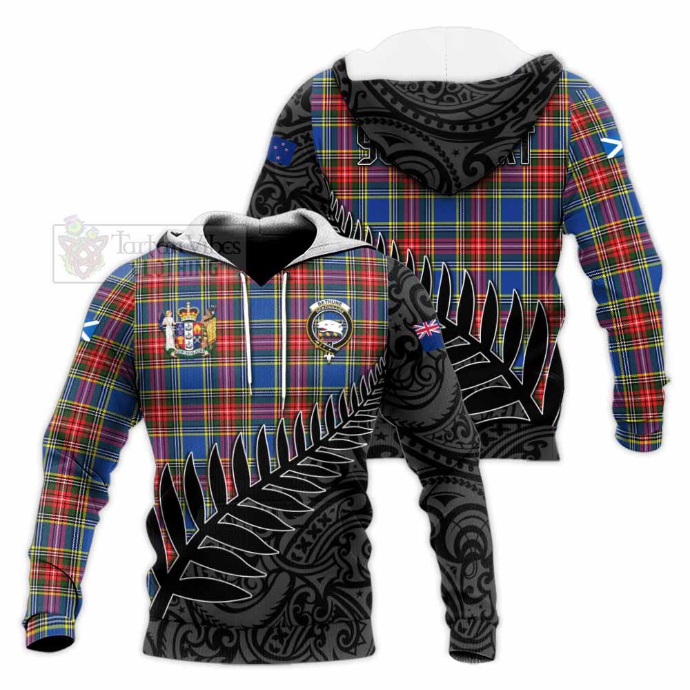 Tartan Vibes Clothing Bethune Crest Tartan Knitted Hoodie with New Zealand Silver Fern Half Style