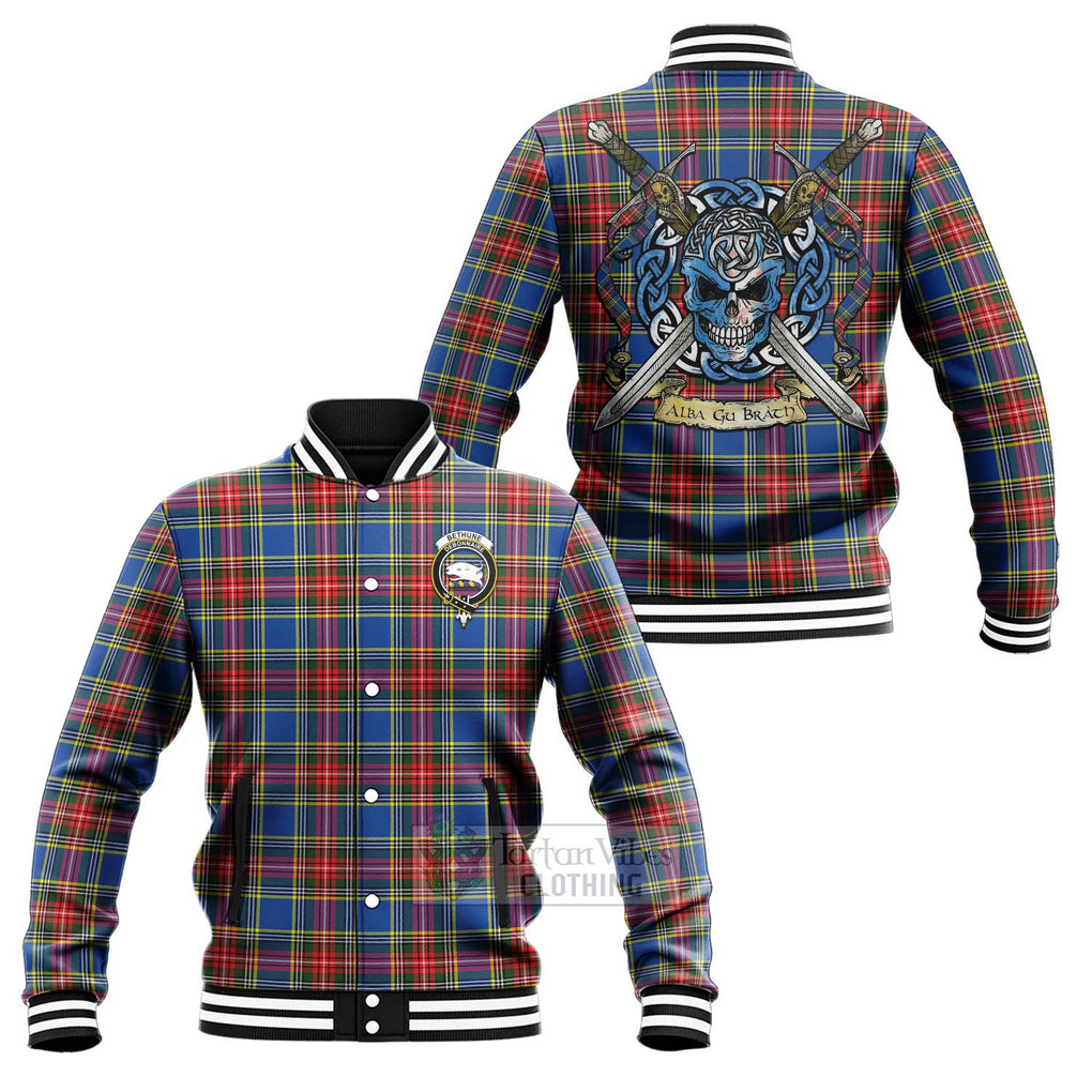 Tartan Vibes Clothing Bethune Tartan Baseball Jacket with Family Crest Celtic Skull Style