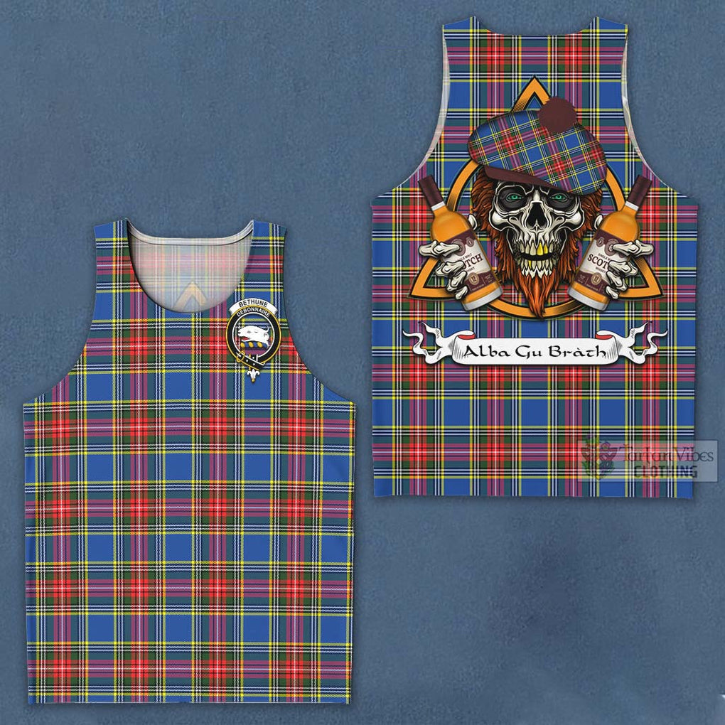 Tartan Vibes Clothing Bethune Tartan Men's Tank Top with Family Crest and Bearded Skull Holding Bottles of Whiskey