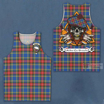 Bethune Tartan Men's Tank Top with Family Crest and Bearded Skull Holding Bottles of Whiskey