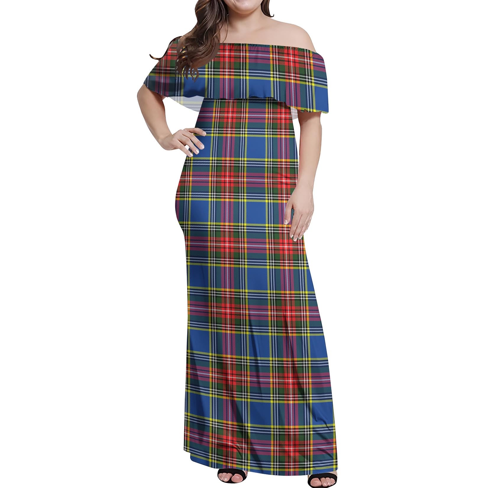 Bethune Tartan Off Shoulder Long Dress Women's Dress - Tartanvibesclothing