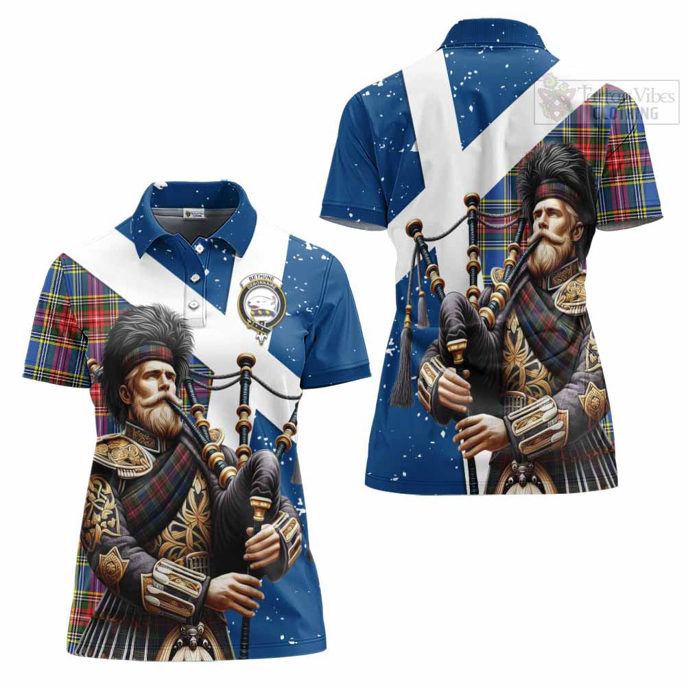 Tartan Vibes Clothing Bethune Tartan Women's Polo Shirt with Family Crest Scottish Bagpiper Vibes