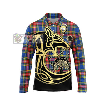 Bethune Tartan Long Sleeve Polo Shirt with Family Crest Celtic Wolf Style