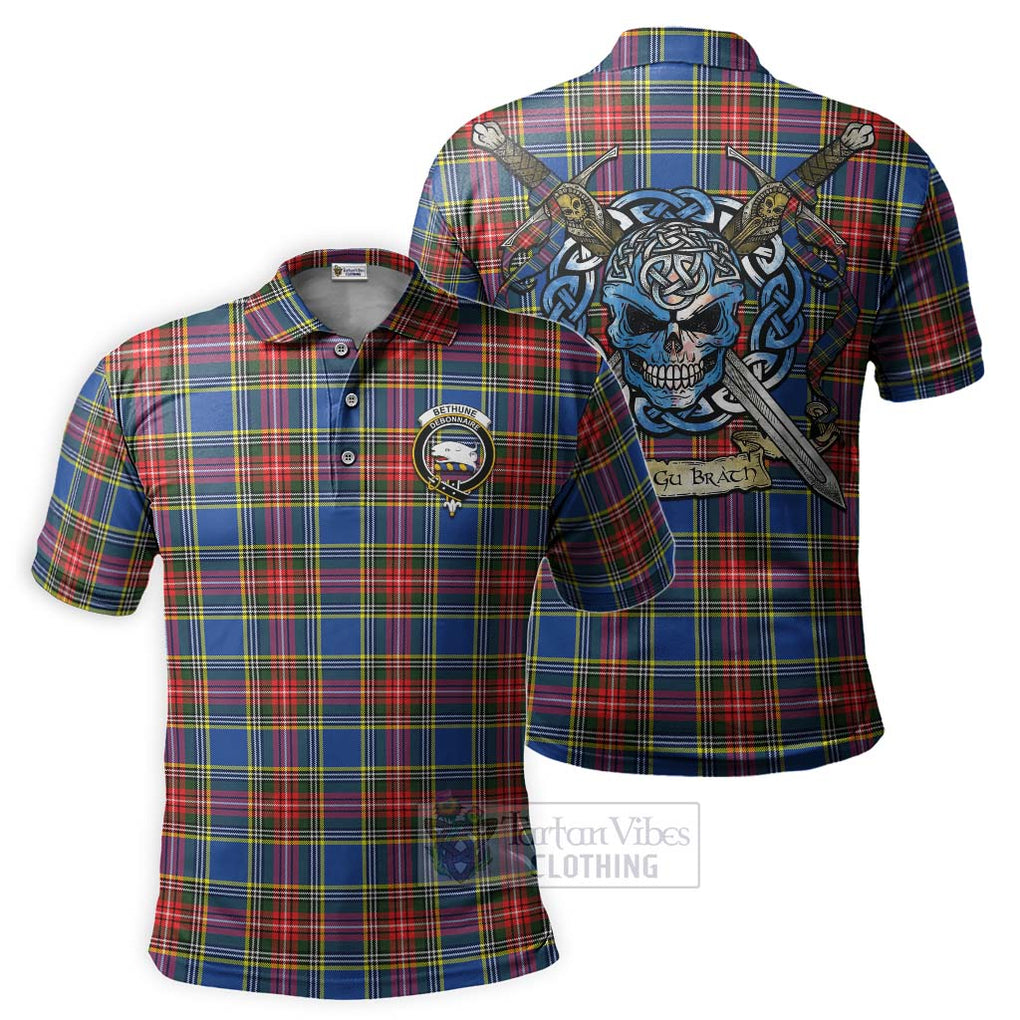 Tartan Vibes Clothing Bethune Tartan Polo Shirt with Family Crest Celtic Skull Style