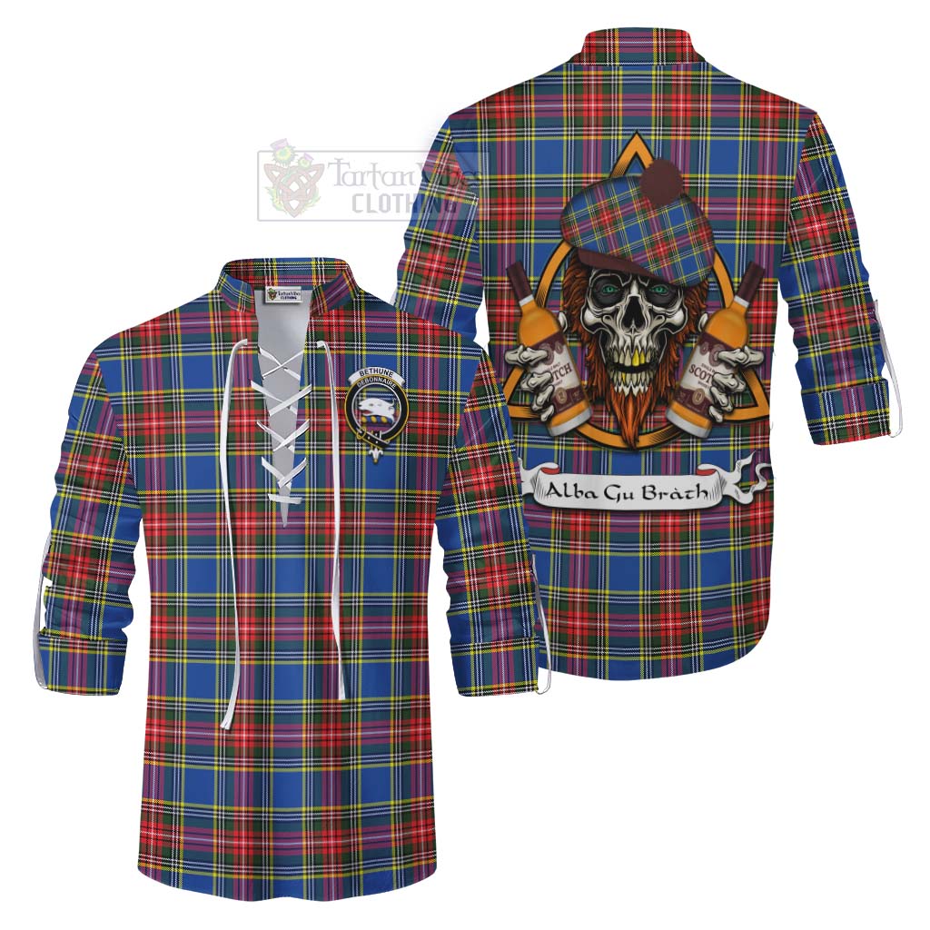 Tartan Vibes Clothing Bethune Tartan Ghillie Kilt Shirt with Family Crest and Bearded Skull Holding Bottles of Whiskey