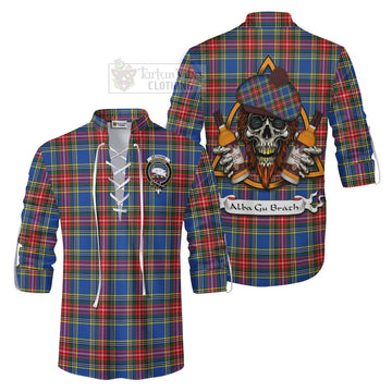 Bethune Tartan Ghillie Kilt Shirt with Family Crest and Bearded Skull Holding Bottles of Whiskey