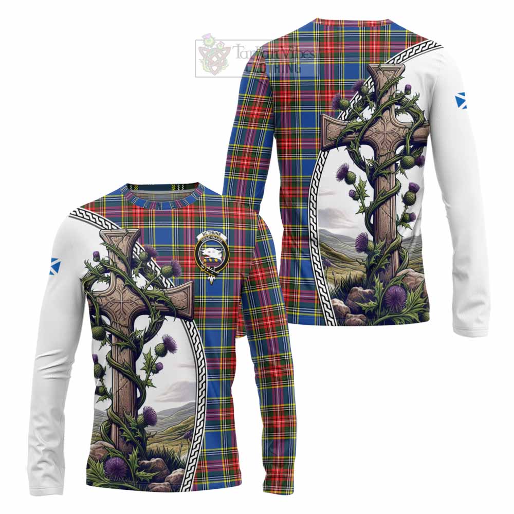 Tartan Vibes Clothing Bethune Tartan Long Sleeve T-Shirt with Family Crest and St. Andrew's Cross Accented by Thistle Vines