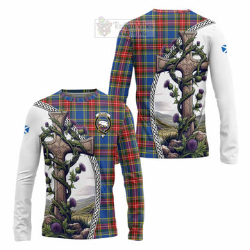 Bethune Tartan Long Sleeve T-Shirt with Family Crest and St. Andrew's Cross Accented by Thistle Vines