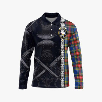 Bethune Tartan Long Sleeve Polo Shirt with Family Crest Cross Sword Thistle Celtic Vibes