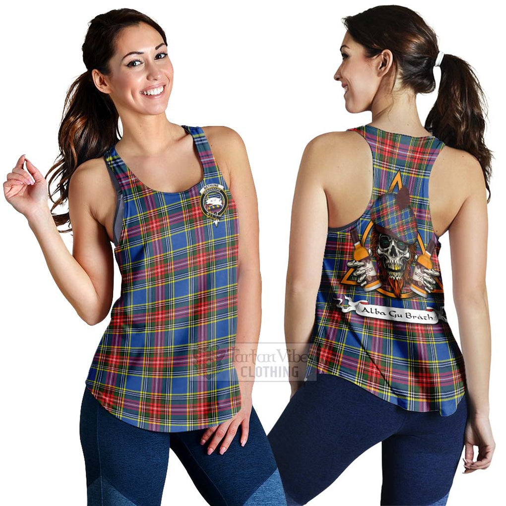 Tartan Vibes Clothing Bethune Tartan Women's Racerback Tanks with Family Crest and Bearded Skull Holding Bottles of Whiskey