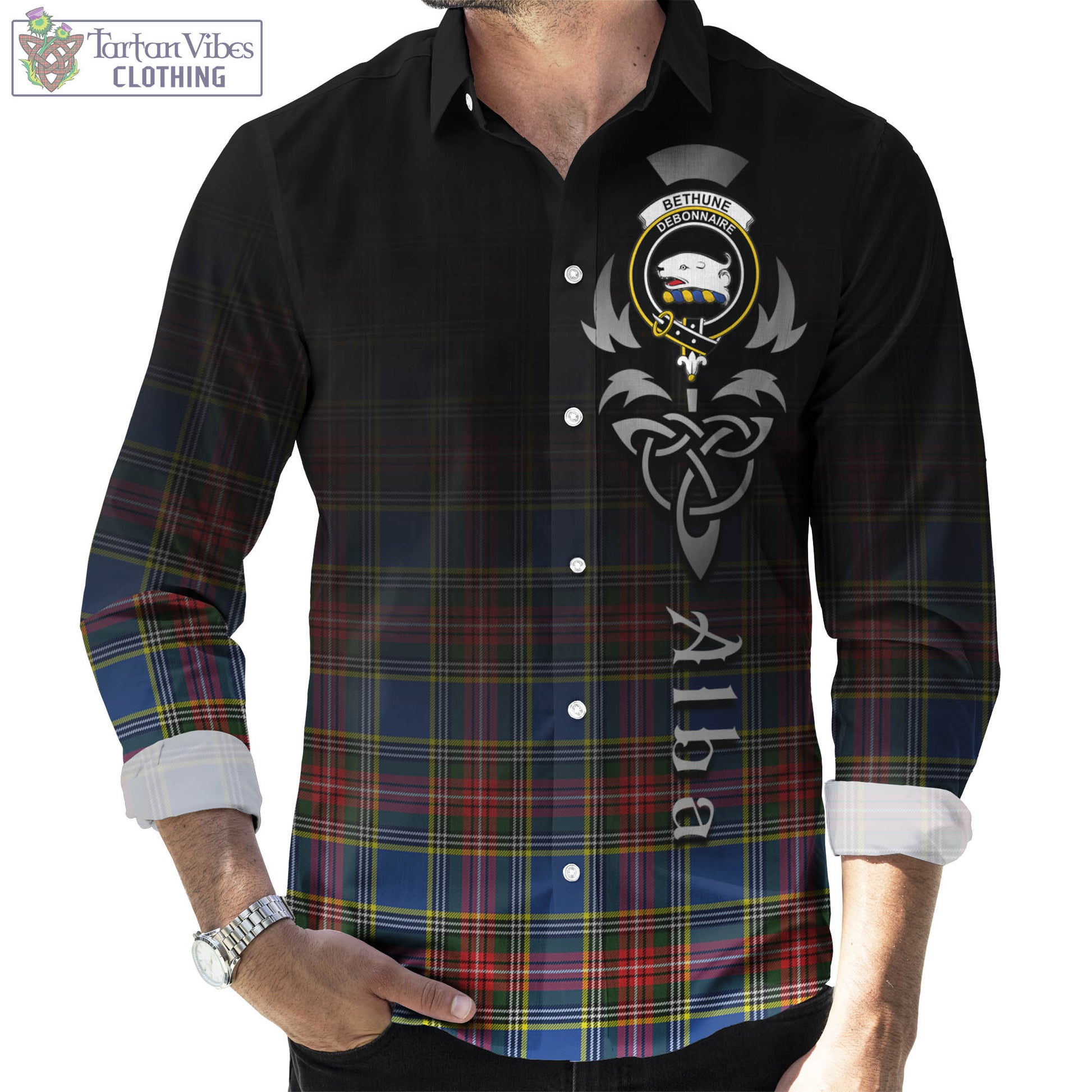 Tartan Vibes Clothing Bethune Tartan Long Sleeve Button Up Featuring Alba Gu Brath Family Crest Celtic Inspired