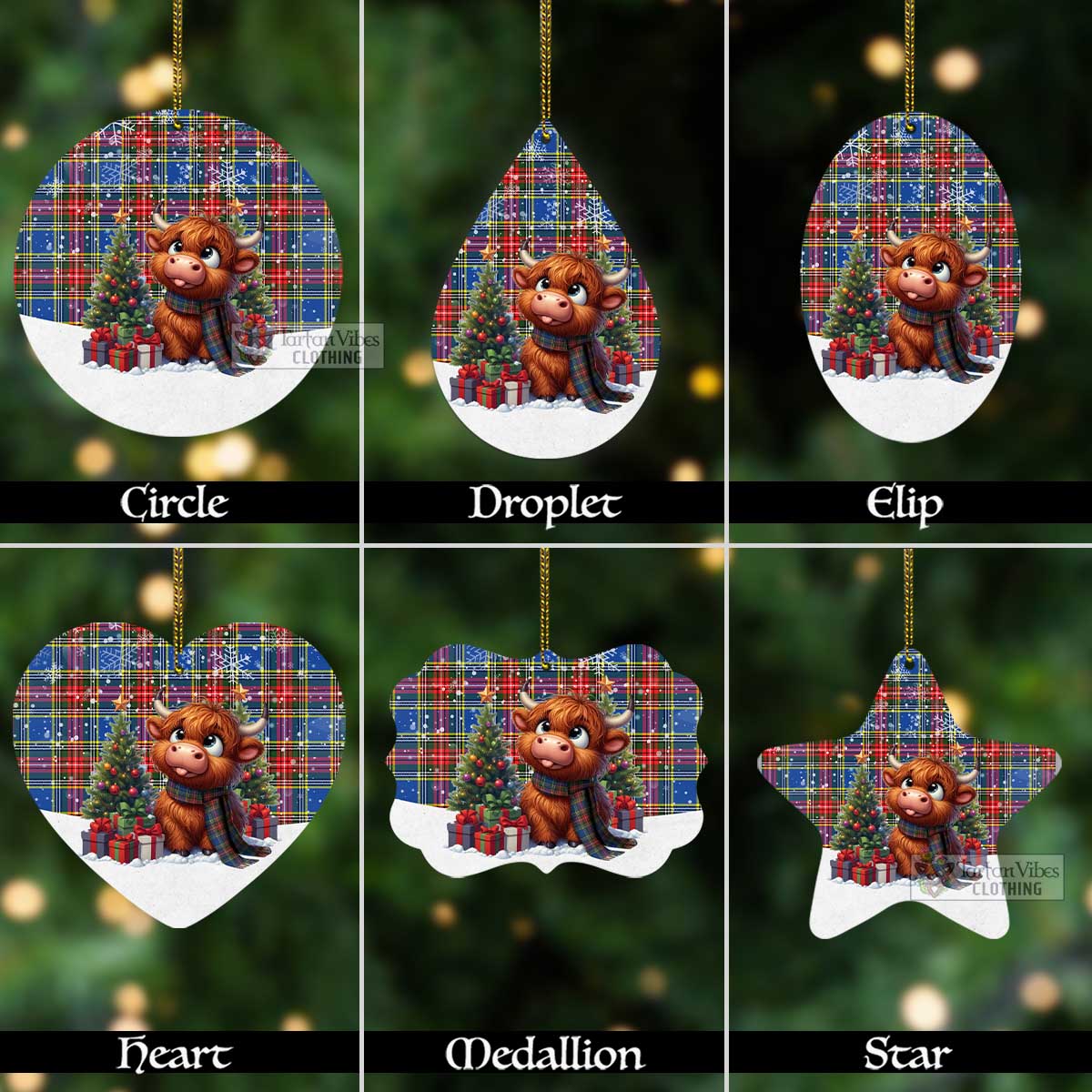 Tartan Vibes Clothing Bethune Tartan Christmas Aluminium Ornament with Adorable Highland Coo