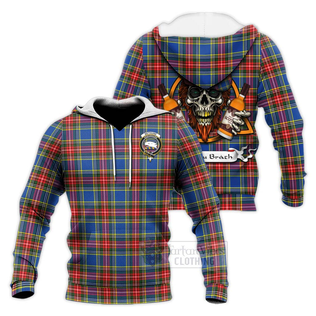 Tartan Vibes Clothing Bethune Tartan Knitted Hoodie with Family Crest and Bearded Skull Holding Bottles of Whiskey