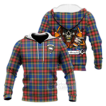 Bethune Tartan Knitted Hoodie with Family Crest and Bearded Skull Holding Bottles of Whiskey