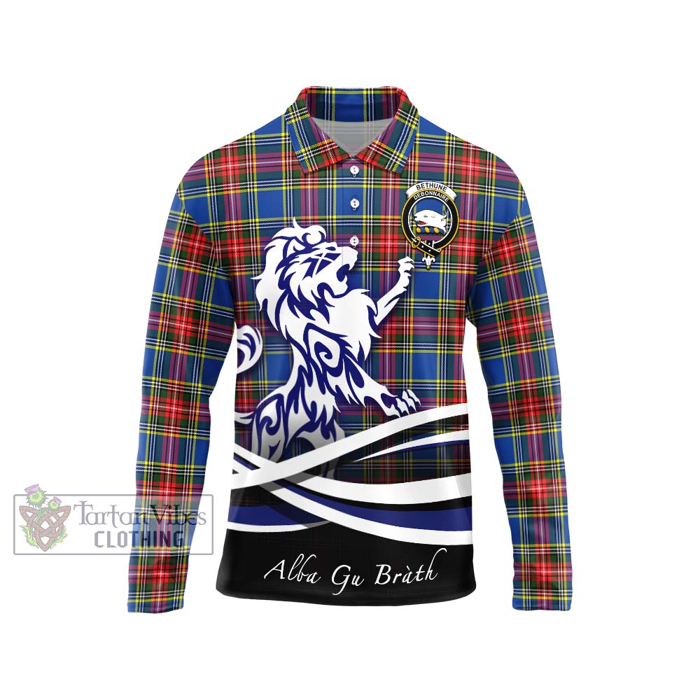 Bethune Tartan Long Sleeve Polo Shirt with Alba Gu Brath Regal Lion Emblem Unisex - Tartanvibesclothing Shop