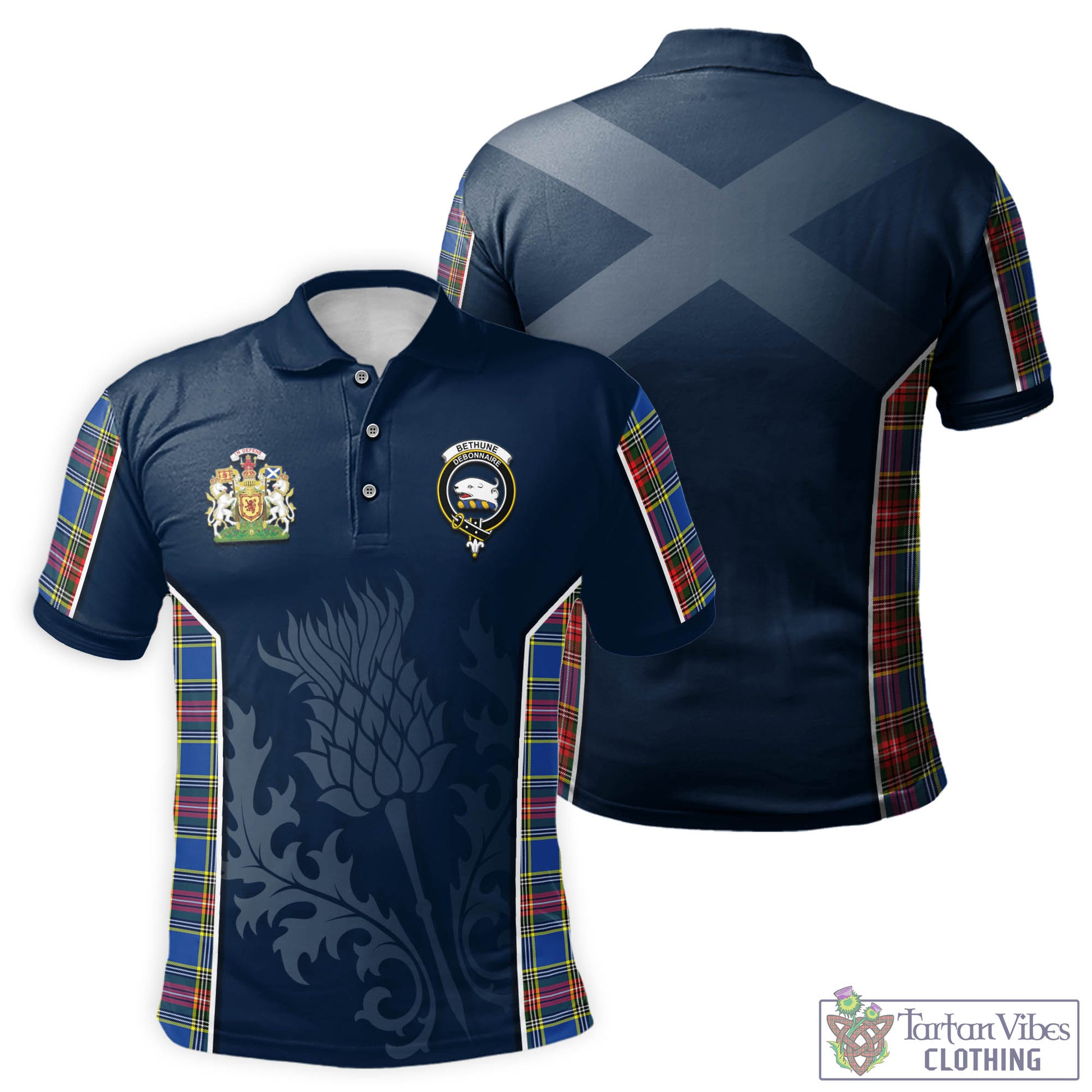 Tartan Vibes Clothing Bethune Tartan Men's Polo Shirt with Family Crest and Scottish Thistle Vibes Sport Style