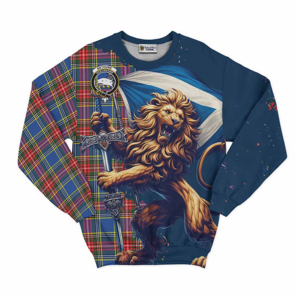 Tartan Vibes Clothing Bethune Tartan Family Crest Sweatshirt with Scottish Majestic Lion