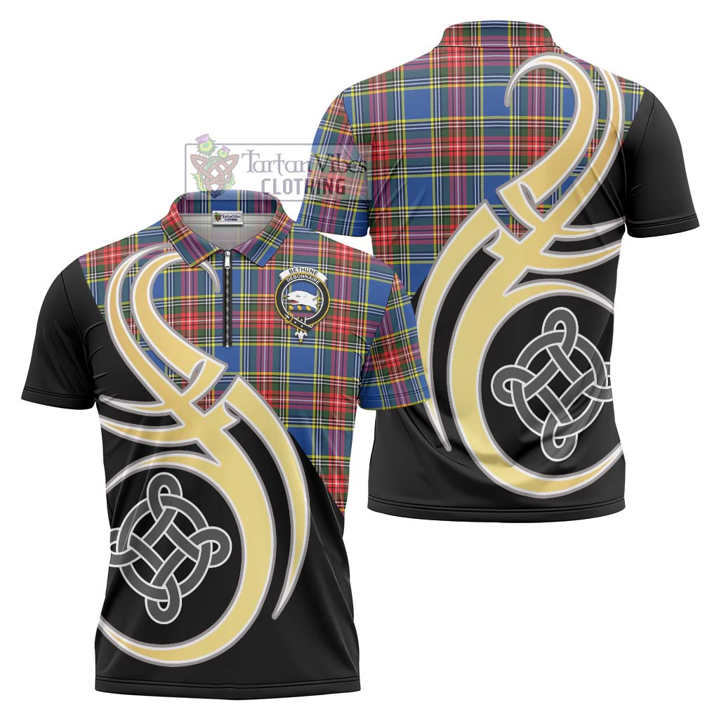 Tartan Vibes Clothing Bethune Tartan Zipper Polo Shirt with Family Crest and Celtic Symbol Style