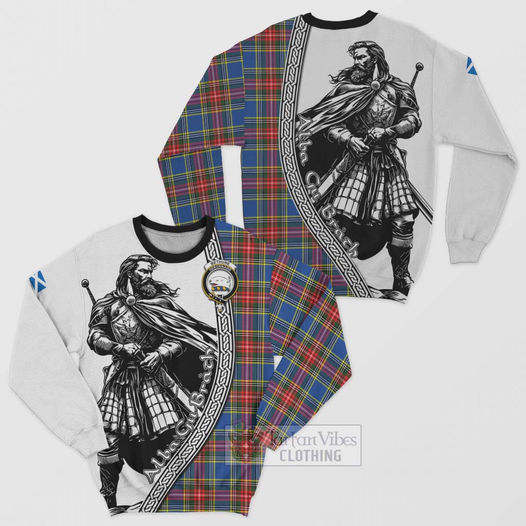 Tartan Vibes Clothing Bethune Tartan Clan Crest Sweatshirt with Highlander Warrior Celtic Style