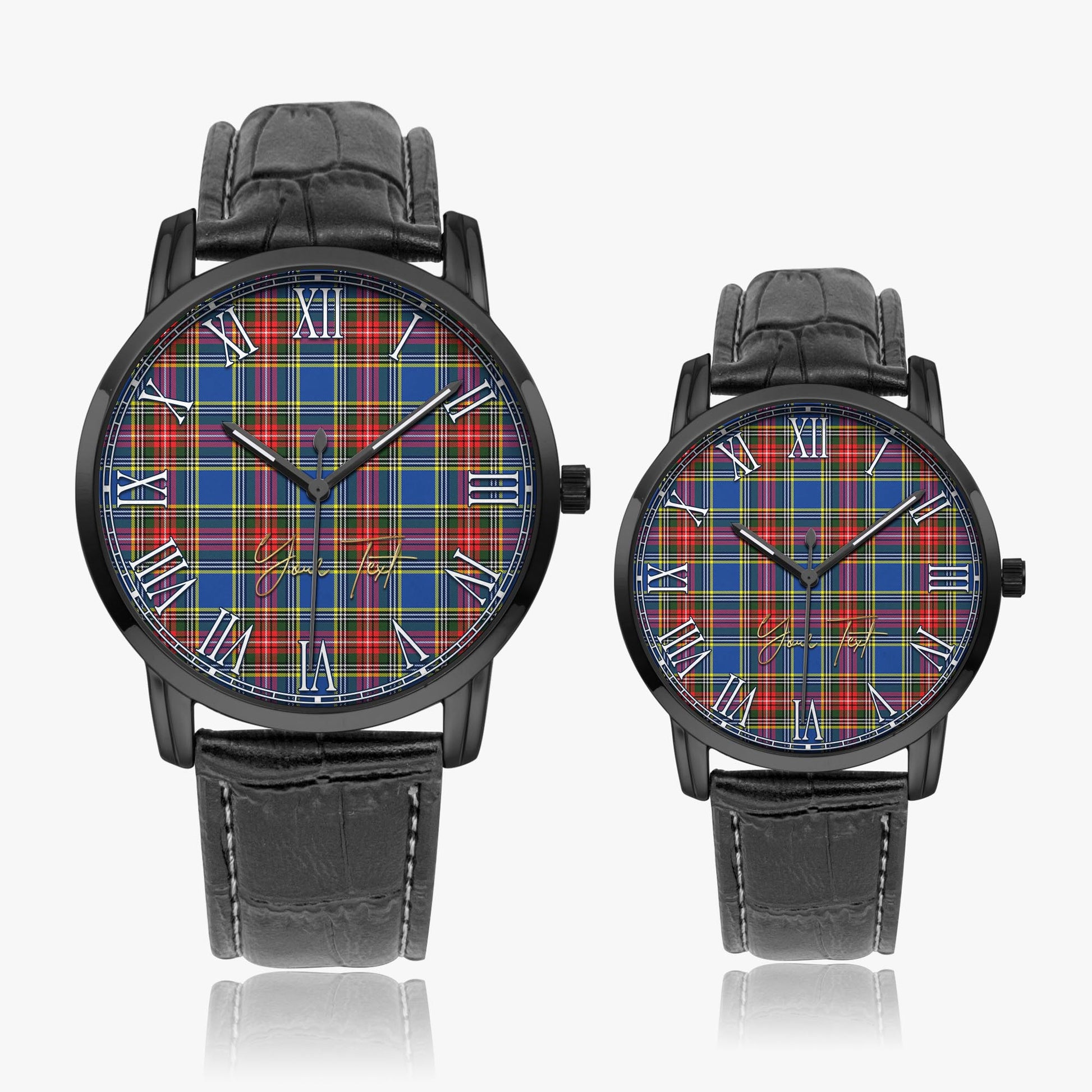 Bethune Tartan Personalized Your Text Leather Trap Quartz Watch Wide Type Black Case With Black Leather Strap - Tartanvibesclothing