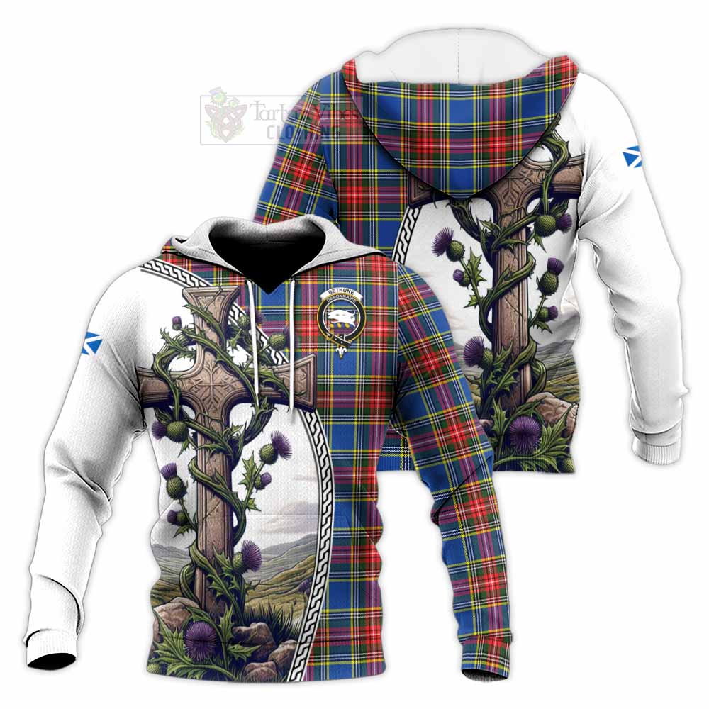 Tartan Vibes Clothing Bethune Tartan Knitted Hoodie with Family Crest and St. Andrew's Cross Accented by Thistle Vines