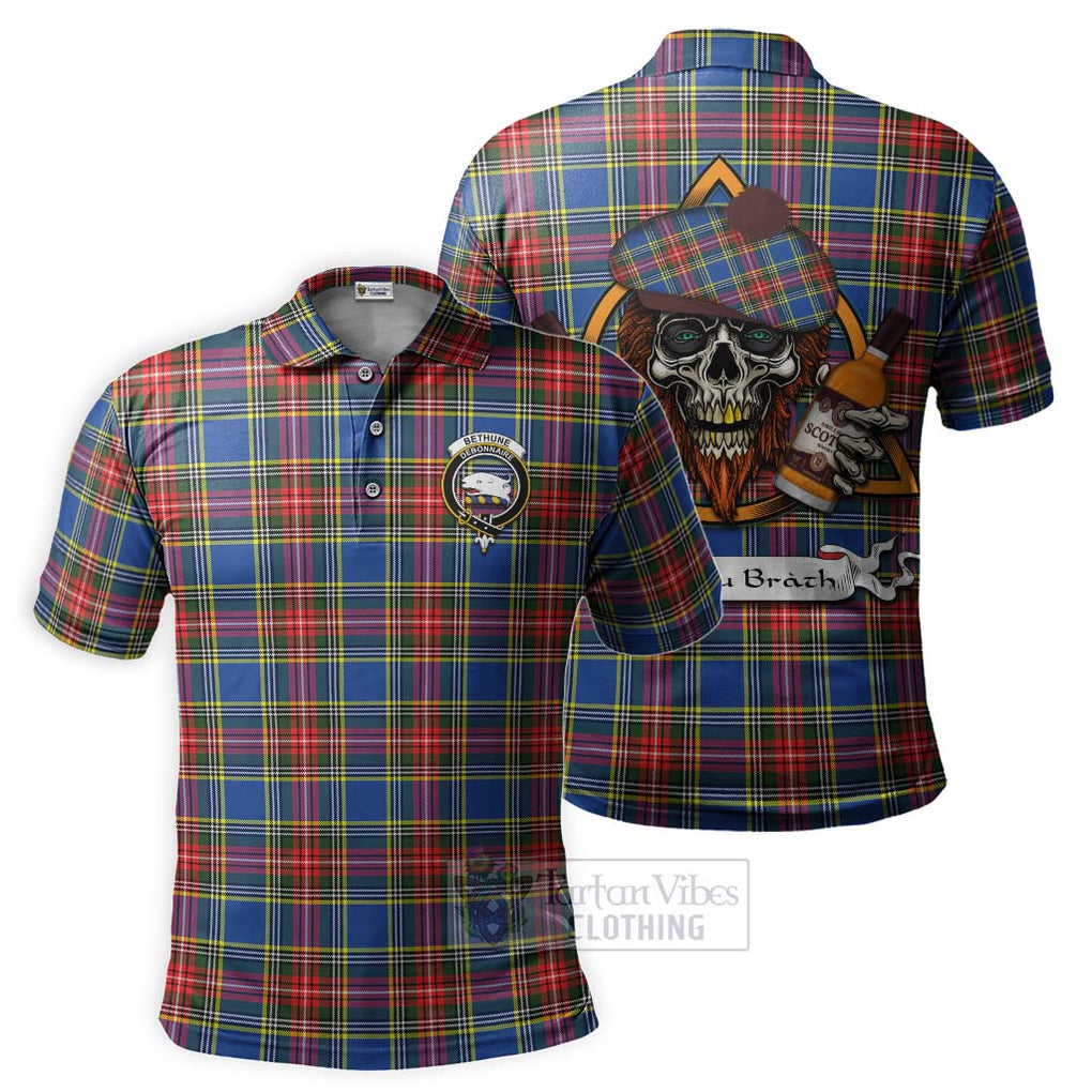 Tartan Vibes Clothing Bethune Tartan Polo Shirt with Family Crest and Bearded Skull Holding Bottles of Whiskey