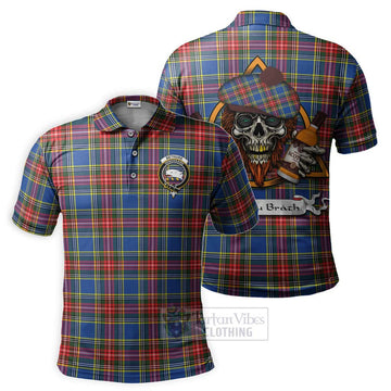 Bethune Tartan Polo Shirt with Family Crest and Bearded Skull Holding Bottles of Whiskey